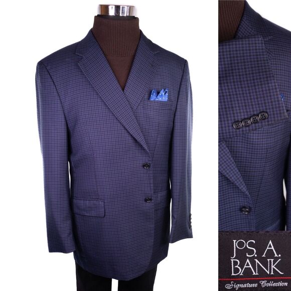 Jos A Bank Signature Silk & Wool 2 Button Blue Gingham Check Blazer Mens 46R - Picture 1 of 15
